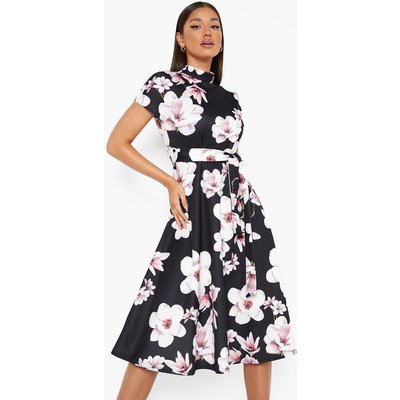 Womens Floral Funnel Neck Belted Midi Skater Dress - Black - 8, Black