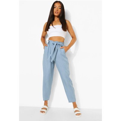 Womens Petite Belted Paperbag Chambray Trouser - Blue - 4, Blue