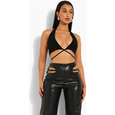 Womens Plunge Halter Rib Crop Top - Black - 14, Black