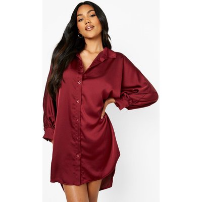 Womens Satin Dip Hem Oversized Shirt Dress - Red - 12, Red