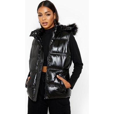 Womens Faux Fur Trim Matte Puffer Gilet - Black - 8, Black