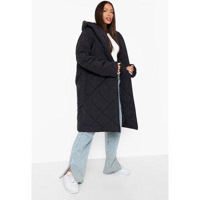 Womens Tall Diamond Quilted Belted Puffer - Black - 6, Black