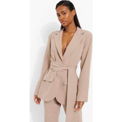 Womens Obi Tie Waist Tailored Blazer - Beige - 14, Beige