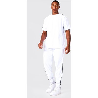 Mens White Towelling Piped Set, White