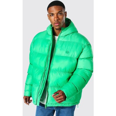 Mens Green Oversized Man Hanfilled Curved Hem Puffer, Green