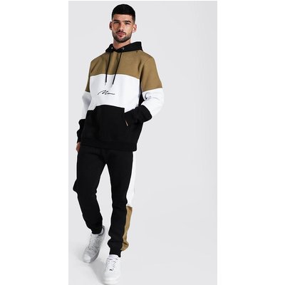 Mens Multi Man Signature Colour Block Hooded Tracksuit, Multi