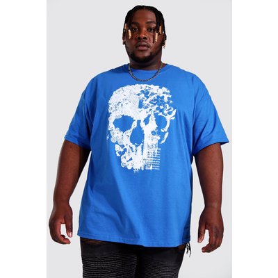 Mens Blue Plus Size Butterfly Skull Print T-shirt, Blue