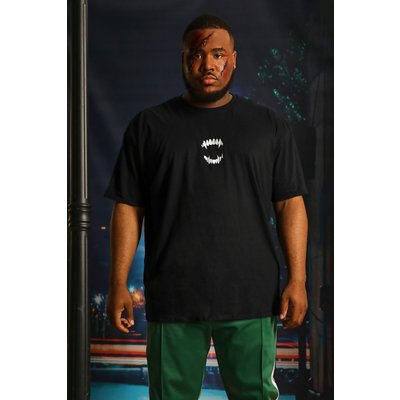 Mens Black Plus Halloween Fangs Embroidered T-shirt, Black