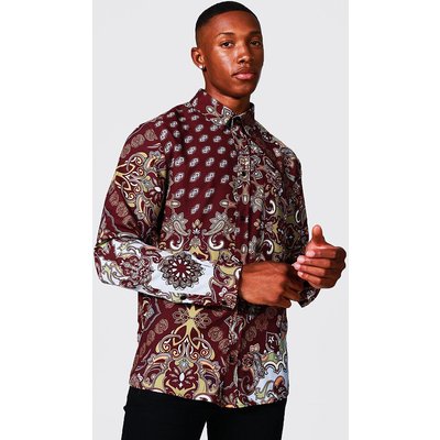 Mens Red Long Sleeve Paisley Shirt, Red