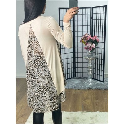 Lacie  Heart Print Chiffon Back Detailed Dipped Hem Top  - Beige