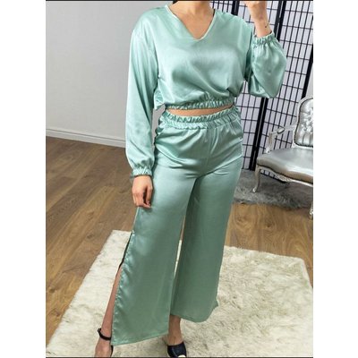 Manrika Satin Cropped Top Wide Leg Loungewear Set  - Mint