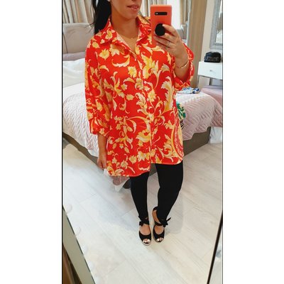 Bruno Baroque Printed Silky Oversized Batwing Shirt  - Red