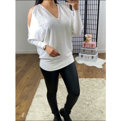 Malia Cold Shoulder Diamante Detailed Knitted Jumper  - White