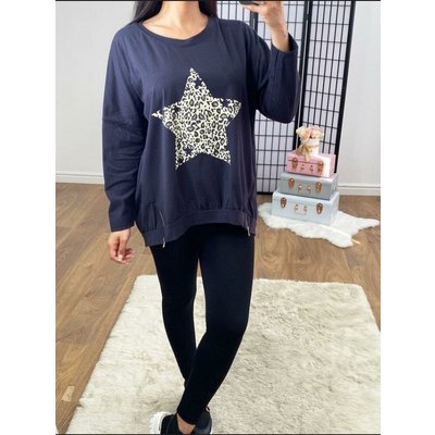 Genna Oversized Leopard Star Print Zip Dipped Hem Sweatshirt  - Navy