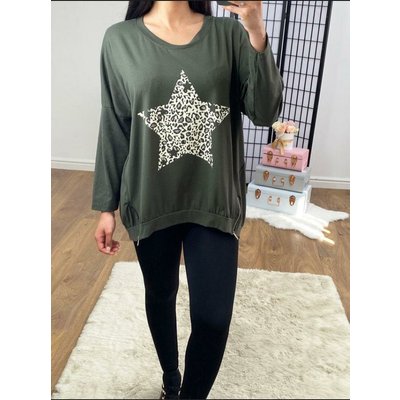 Genna Oversized Leopard Star Print Zip Dipped Hem Sweatshirt  - Khaki