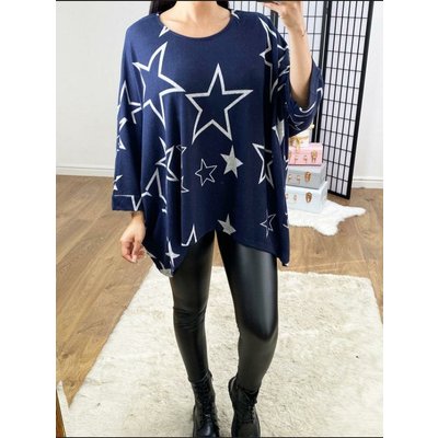 Tishy Super Soft Navy Star Print Oversized Thin Knit Jumper