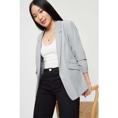 Petite Grey Ruched Sleeve Jacket. Wearing Length Is Approximately 66.5Cm. 78% Polyester, 18% Viscose,4% Elastane. Machine Washable.