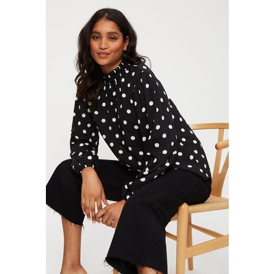 Spot Shirred High Neck Blouse