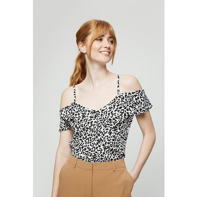 Womens Black Leopard Cold Shoulder Top