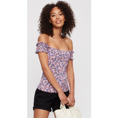 Women's Pink Disty Print Shirred Sleeve Bardot - 8