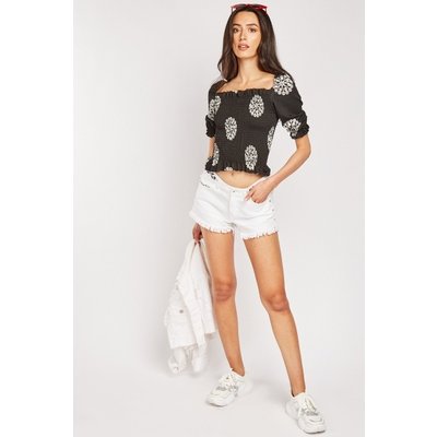 Frill Trim Shirred Monochrome Crop Top