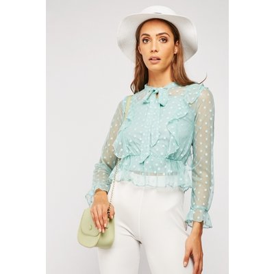 Polka Dot Ruffle Mesh Top