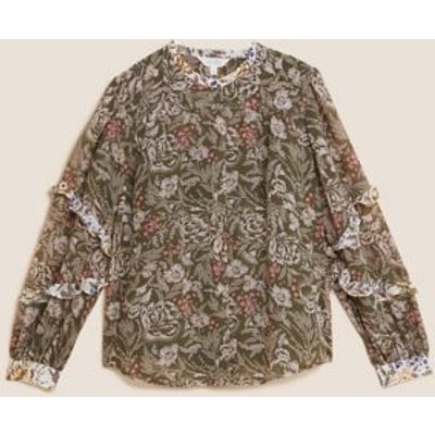 M&S Per Una Womens Floral Ruffle Long Sleeve Blouse - 6 - Khaki Mix, Khaki Mix