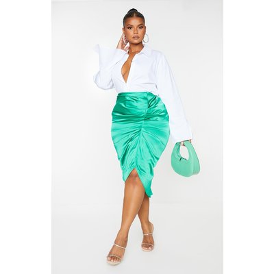 Plus Bright Green Satin Ruched Split Midi Skirt