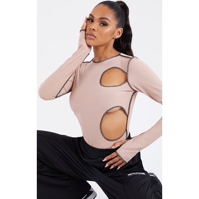 Nude Ribbed Contrast Stitch Cut Out Long Sleeve Bodysuit