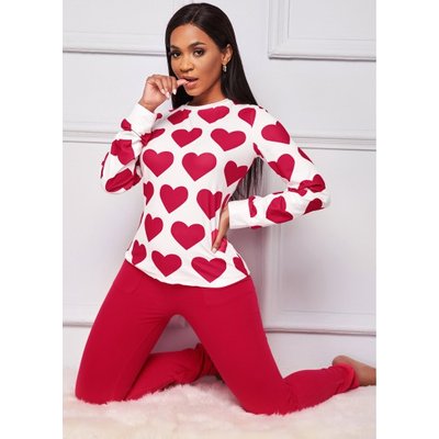 Heart Print Round Neck Loungewear Set