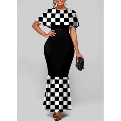 ROTITA Round Neck Checkerboard Pattern Short Sleeve Mermaid Dress