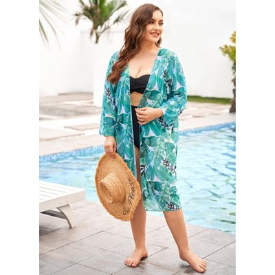 Open Front Tropical Print Long Sleeve Cover Up