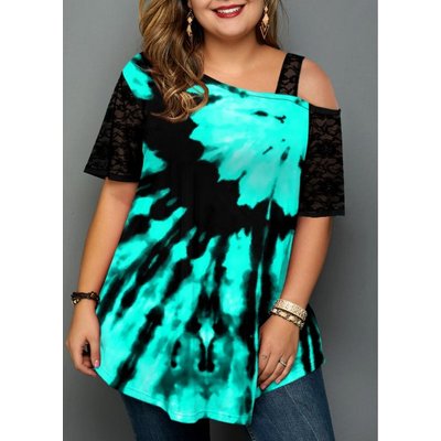 ROTITA Tie Dye Print Lace Stitching Plus Size T Shirt