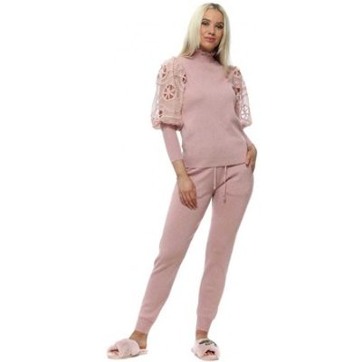 Foreva Young  Baby Pink Crochet Puff Sleeve Knitted Co-Ord  women's  in Pink