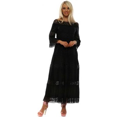 Lovie Look  Black Bardot Lace Insert Maxi Dress  women's Long Dress in Black