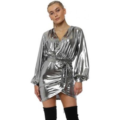 Bisous Project  Silver Foil Wrap Mini Dress  women's Dress in Silver