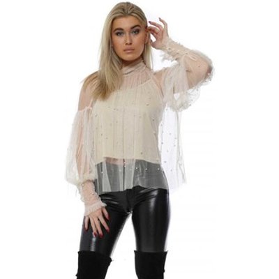 Flam Mode  Beige Flouncy Sleeve Pearl Blouse  women's Blouse in Beige