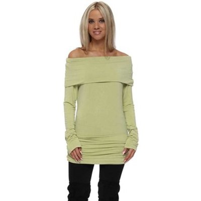 A Postcard From Brighton  Olivia Golden Lime Off The Shoulder Jersey Top  women's Blouse in Green