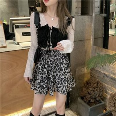 Long-Sleeve Lace Top / Leopard Print Mini Skirt / Crop Camisole Top