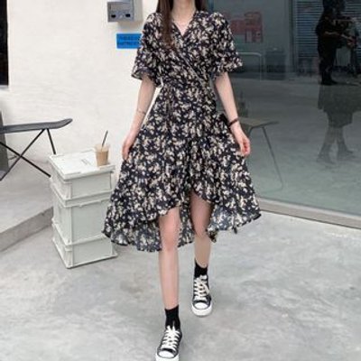 Short-Sleeve Floral Printed Asymmetrical Hem Midi Dress