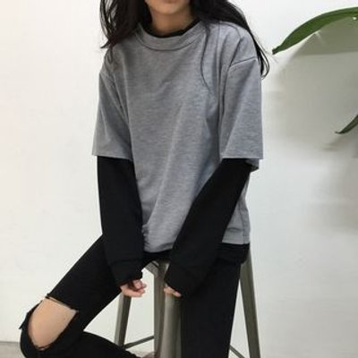 Mock Two-Piece Long-Sleeve T-Shirt Black - One Size