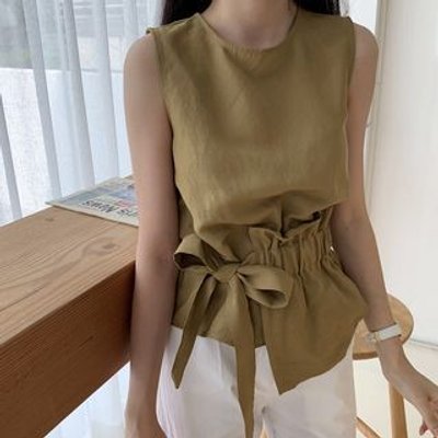 Plain Round Neck Asymmetrical Tie-Waist Sleeveless Shirt