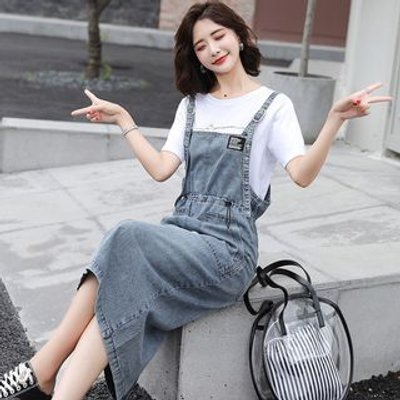 Lettering Short-Sleeve T-Shirt / Denim Midi Jumper Dress / Set