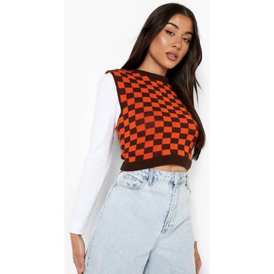 Womens Check Knit Crop Vest - Brown - S, Brown