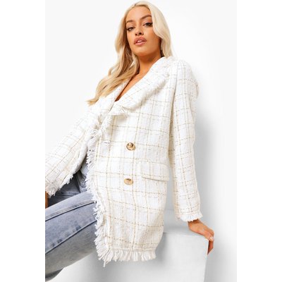 Womens Metallic Checked Frayed Hem Blazer - White - 14, White