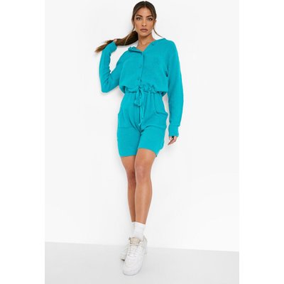 Womens Hooded Knitted Playsuit - Green - L, Green