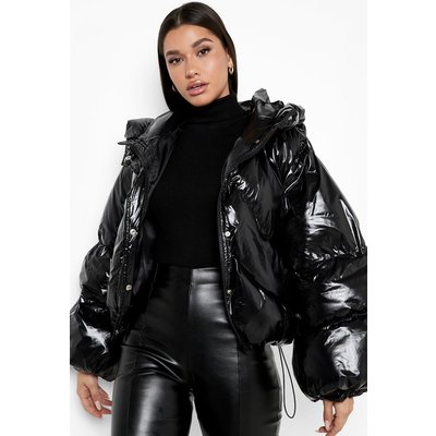 Womens High Shine Oversized Sleeve Puffer Jacket - Black - 12, Black