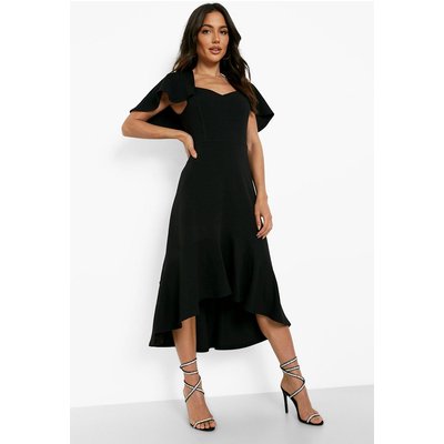 Womens Ruffle Sleeve Dip Hem Midaxi Dress - Black - 12, Black