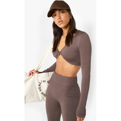 Womens Seamless Rib Long Sleeve Crop - Brown - 10, Brown