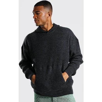 Mens Grey Brushed Knitted Ribbed Hoodie, Grey